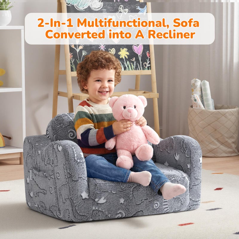 MeMoreCool Glow-in-the-Dark Dinosaur Kids Couch, 2-in-1 Foldable Kids Couch and Sofa Chair for Playroom Nursery, Soft Foam Fold Out Lounger for Boys Ages 1-3, Washable Cover, Gray - Image 5