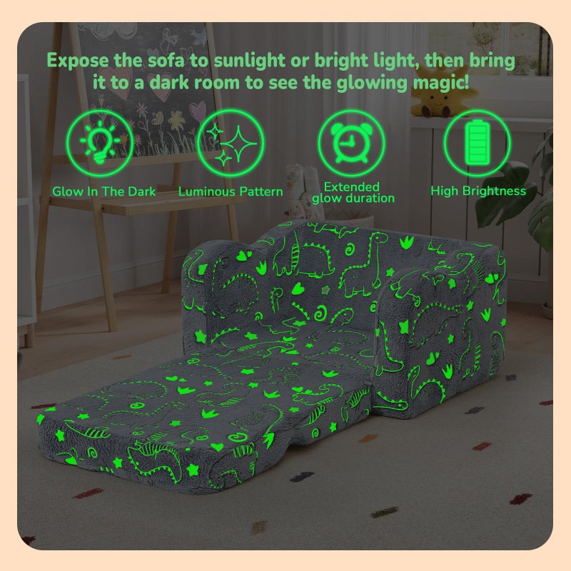 MeMoreCool Glow-in-the-Dark Dinosaur Kids Couch, 2-in-1 Foldable Kids Couch and Sofa Chair for Playroom Nursery, Soft Foam Fold Out Lounger for Boys Ages 1-3, Washable Cover, Gray - Image 4