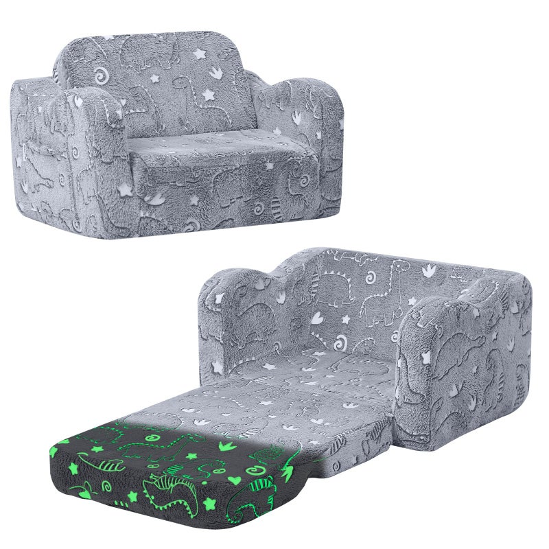 MeMoreCool Glow-in-the-Dark Dinosaur Kids Couch, 2-in-1 Foldable Kids Couch and Sofa Chair for Playroom Nursery, Soft Foam Fold Out Lounger for Boys Ages 1-3, Washable Cover, Gray - Image 1
