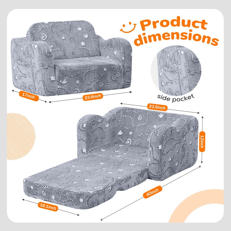 MeMoreCool Glow-in-the-Dark Dinosaur Kids Couch, 2-in-1 Foldable Kids Couch and Sofa Chair for Playroom Nursery, Soft Foam Fold Out Lounger for Boys Ages 1-3, Washable Cover, Gray - Image 3