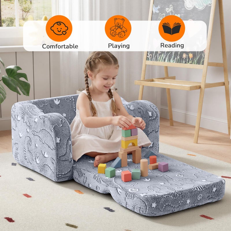 MeMoreCool Glow-in-the-Dark Dinosaur Kids Couch, 2-in-1 Foldable Kids Couch and Sofa Chair for Playroom Nursery, Soft Foam Fold Out Lounger for Boys Ages 1-3, Washable Cover, Gray - Image 2