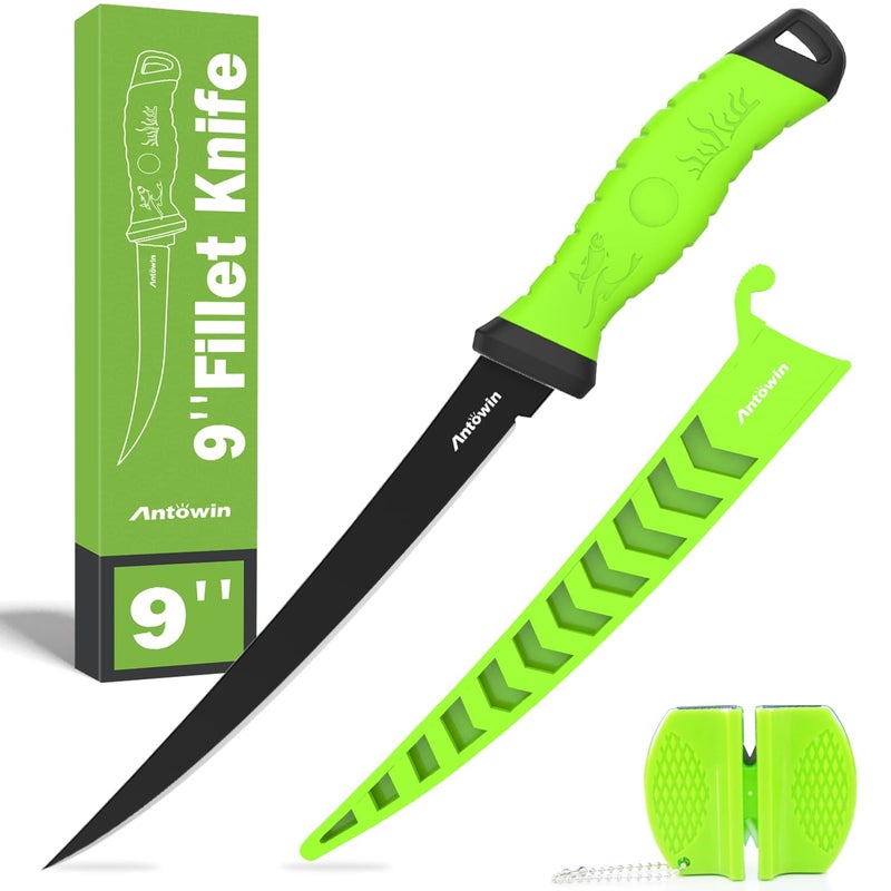 ANTOWIN ANTOWIN 9 Inch Fishing Fillet Knife, Professional Level Knives for Filleting Fish and Boning Meat, Sharp Stainless-Steel Non-Stick Coating Blade, with Stage Knife Sharpener  - Image 1