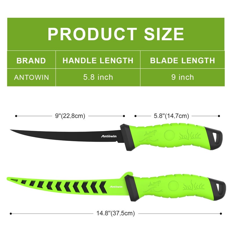 ANTOWIN ANTOWIN 9 Inch Fishing Fillet Knife, Professional Level Knives for Filleting Fish and Boning Meat, Sharp Stainless-Steel Non-Stick Coating Blade, with Stage Knife Sharpener  - Image 2