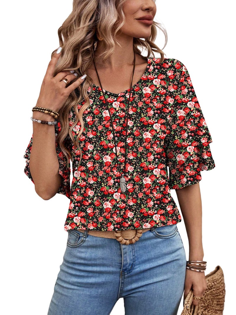 FUNBANG V Neck Ruffle Short Sleeve Tees Tops Trendy Cute Floral Printed Double Tiered 3/4 Sleeve Blouses 2026 Dressy Casual Flowy T-Shirts Spring Summer Comfy Soft Fashion Clothing,Floral Red White,M - Image 1