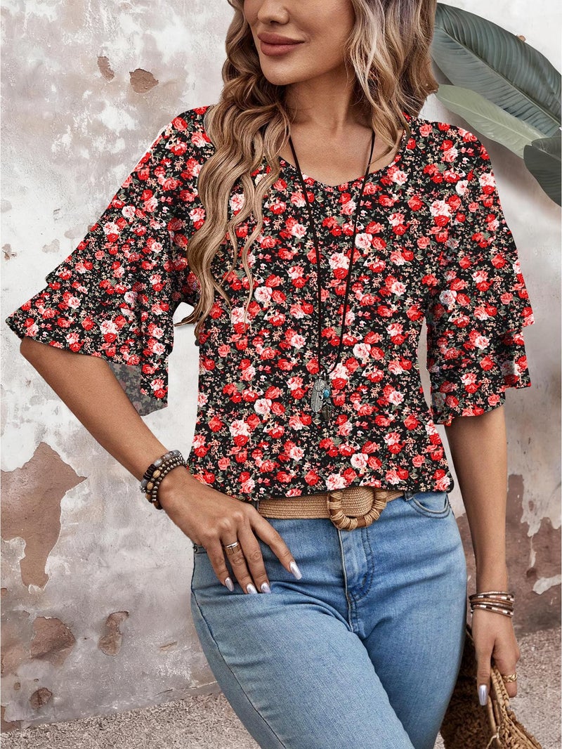 FUNBANG V Neck Ruffle Short Sleeve Tees Tops Trendy Cute Floral Printed Double Tiered 3/4 Sleeve Blouses 2026 Dressy Casual Flowy T-Shirts Spring Summer Comfy Soft Fashion Clothing,Floral Red White,M - Image 3
