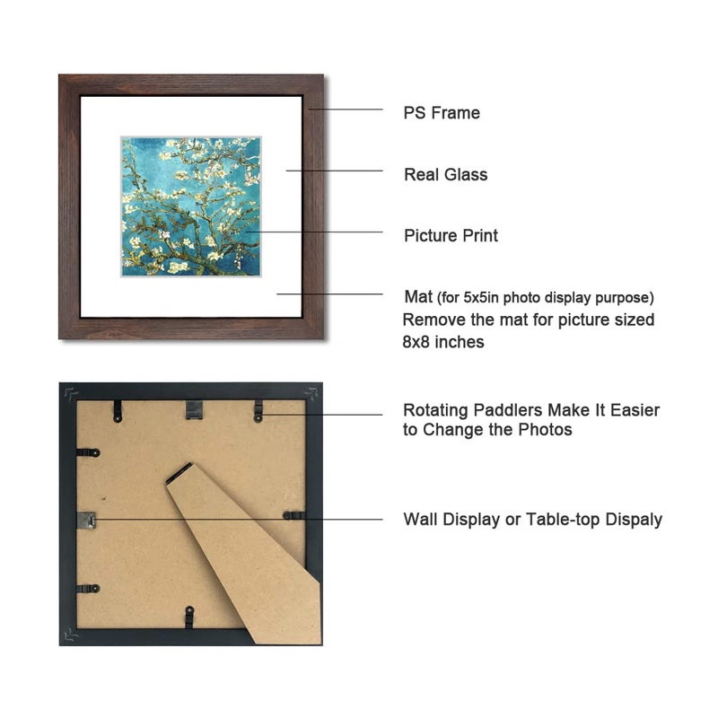 Dekwinn 8X8 Walnut Picture Frame Set Of 6 With Real Glass For Pictures 5X5 With Mat Or 8X8 Without Mat  Wall Or Tabletop Gallery Photo Frames - Image 3