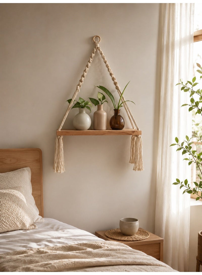 Antikiano Handmade Macrame Hanging Wooden Shelf – Boho Wall Shelf for Plants, Candles and Home Decor Display 40*80 - Image 2