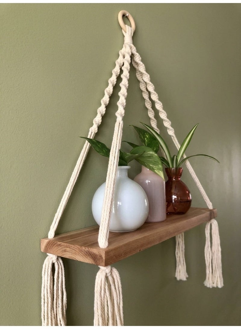 Antikiano Handmade Macrame Hanging Wooden Shelf – Boho Wall Shelf for Plants, Candles and Home Decor Display 40*80 - Image 3
