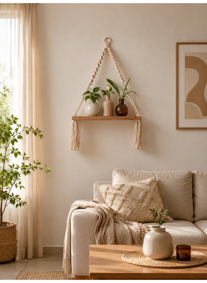 Antikiano Handmade Macrame Hanging Wooden Shelf – Boho Wall Shelf for Plants, Candles and Home Decor Display 40*80 - Image 5