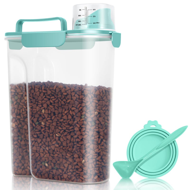 TBMax Pet Dog Cat Food Storage Container 5 to 7 lbs with Can Cover and Mixing Spoon, Airtight Travel Pet Food Storage Dispenser with Easy-pouring Spout & Cup, Kibble Dog Treat Bird Seed Container -Cyan - Image 1