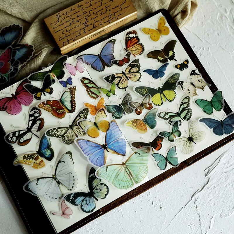 80PCS Vintage Butterfly Scrapbook Stickers Doraking DIY Decoration Sulfuric Paper Butterfly Stickers for Scrapbook