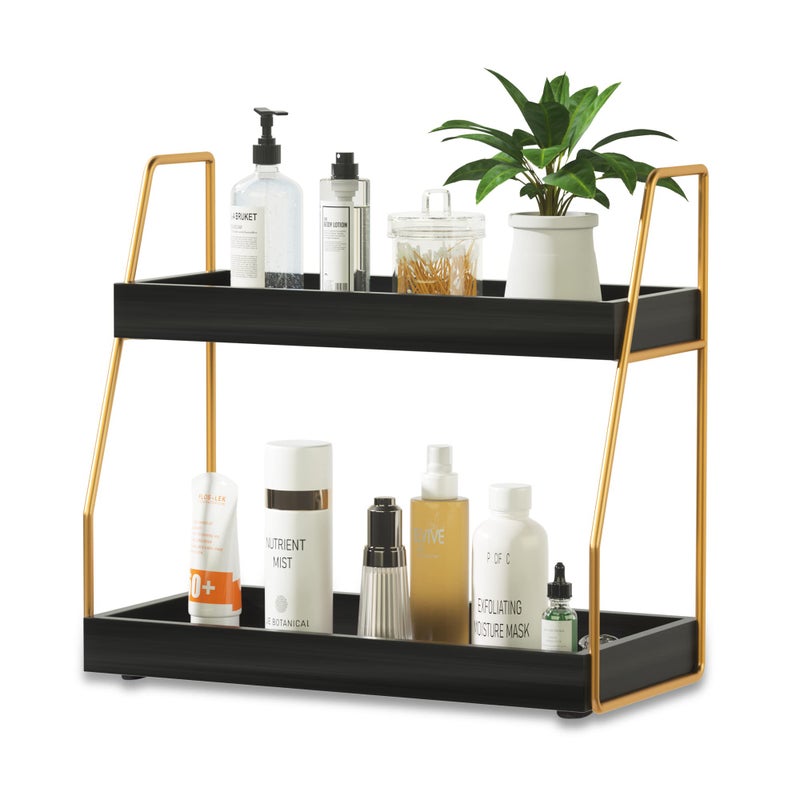 ZGO Bathroom Counter Organizer Bathroom Organizer Countertop for Bathroom Decor Wooden Sink Organizer Shelf for Vanity Storage Makeup Bedroom Corner 2Tier Black and Gold