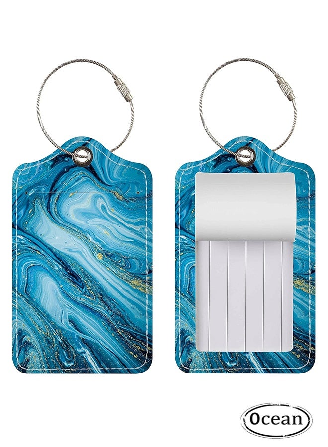 Ocean 2 Pcs Luggage Tag Identifier for Suitcases, Privacy Protection Travel Suitcase Label Marker for Bag Baggage, PU Leather Luggage Tags with Stainless Steel Loop Name ID Card TSA Approved - Image 1