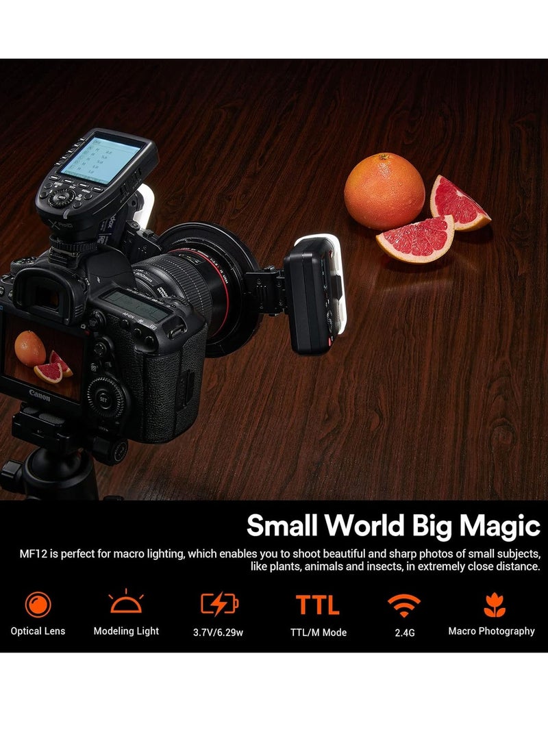 جودوكس فلاش ماكرو Godox MF12 رقم الدليل 16 مع تحكم لاسلكي 2.4G ووضع TTL M مع فلتر ملون قاعدة باردة لتصوير البورتريه والنباتات والحشرات والطعام والمجوهرات في التصوير الماكرو - Image 4