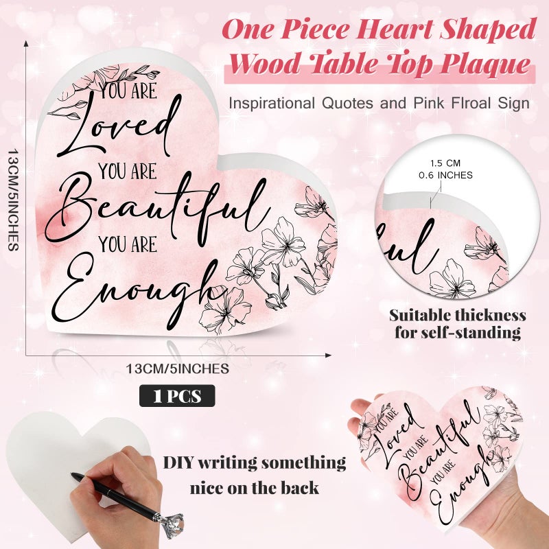 Unittype Inspirational Quotes Desk Ornament Gift You Are Loved Desk Decor Sign Encouragement Cheer up Gifts Wooden You Are Enough Positive Plaque for Office Coworker Women Friend Teacher Appreciation(Pink)  - Image 2