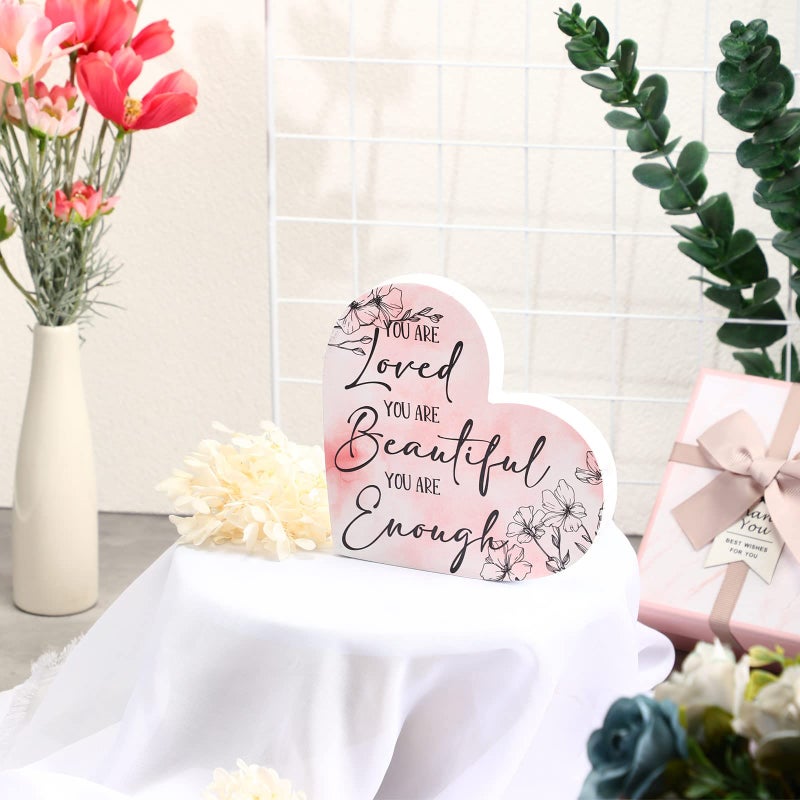 Unittype Inspirational Quotes Desk Ornament Gift You Are Loved Desk Decor Sign Encouragement Cheer up Gifts Wooden You Are Enough Positive Plaque for Office Coworker Women Friend Teacher Appreciation(Pink)  - Image 3