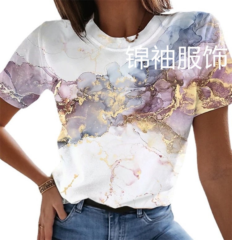 2022 spring and summer new cross-border foreign trade European and American fresh and sweet round neck romantic floral print short-sleeved women's T-shirt 3 M - Image 1