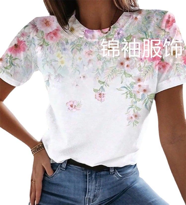 2022 spring and summer new cross-border foreign trade European and American fresh and sweet round neck romantic floral print short-sleeved women's T-shirt 3 M - Image 4