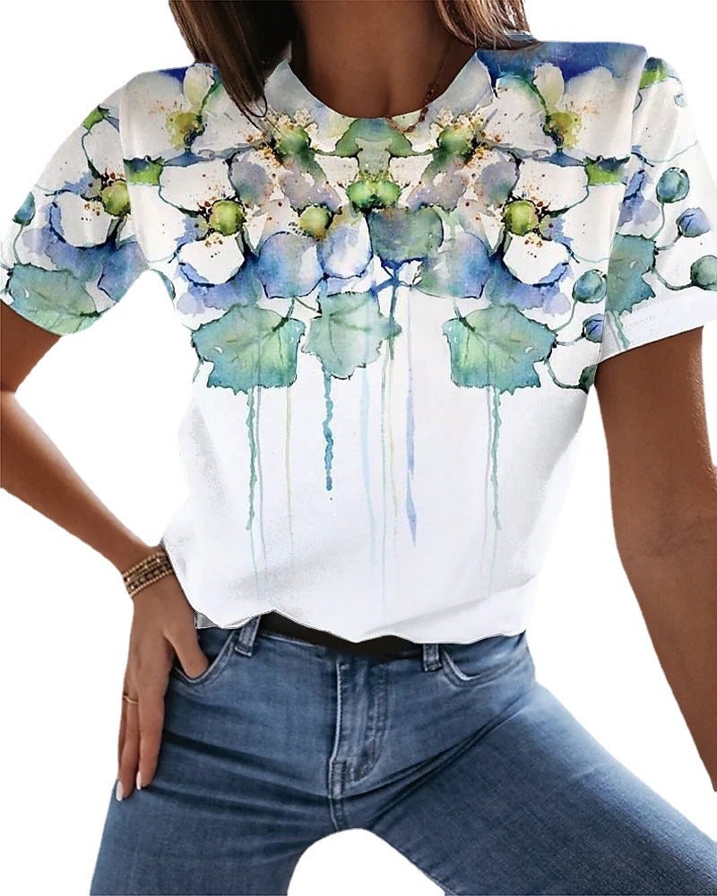 2022 spring and summer new cross-border foreign trade European and American fresh and sweet round neck romantic floral print short-sleeved women's T-shirt 3 M - Image 5