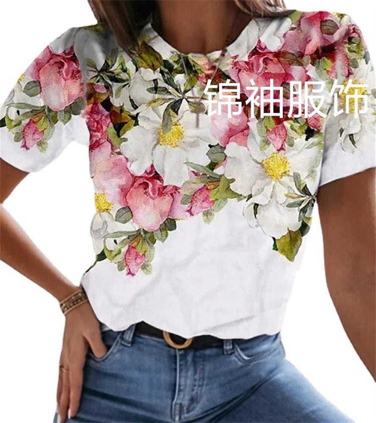 2022 spring and summer new cross-border foreign trade European and American fresh and sweet round neck romantic floral print short-sleeved women's T-shirt 3 M - Image 2