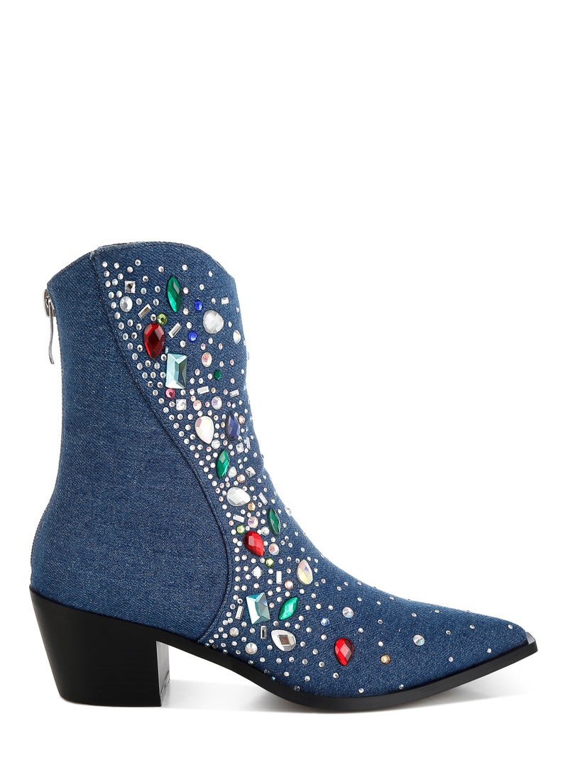 London Rag Multi Color Stones Embellished Boots in Dark Blue  - Image 1