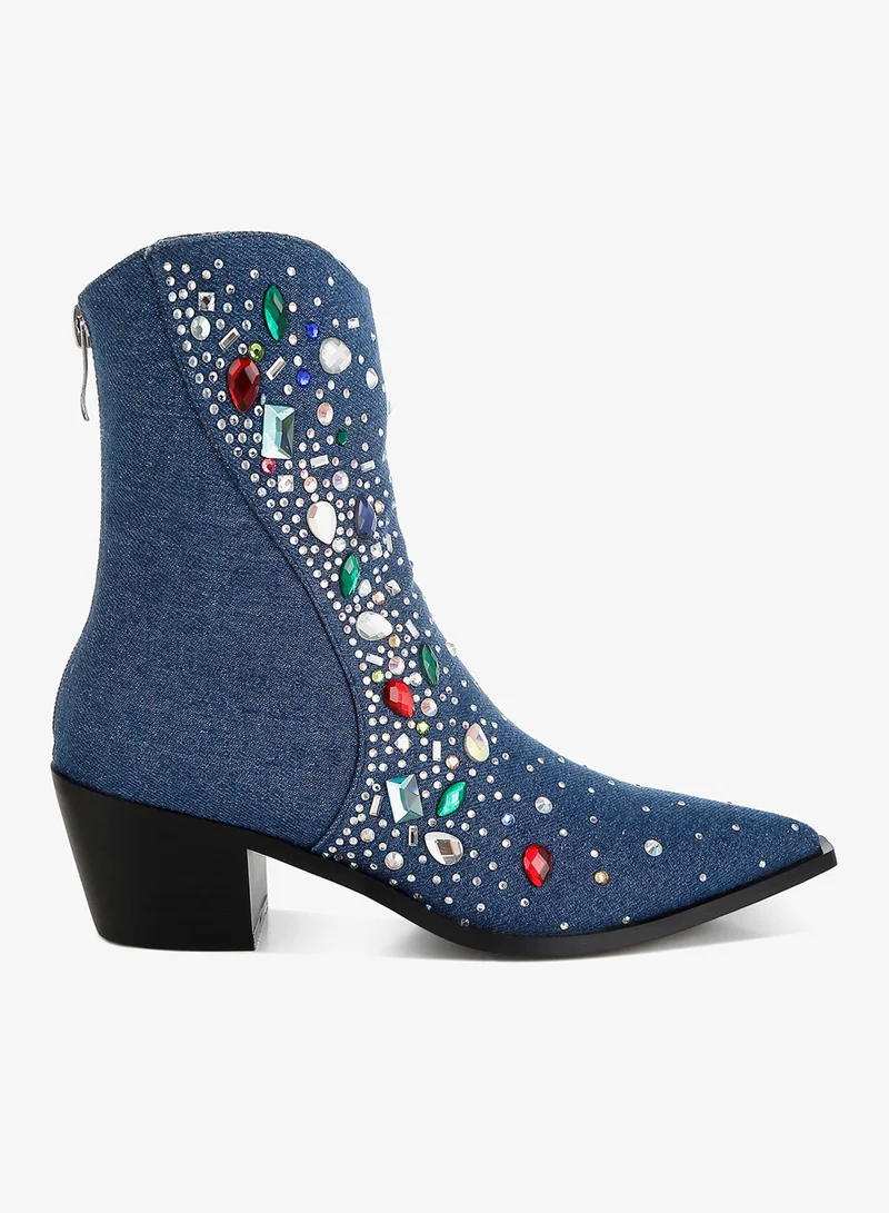 Multi Color Stones Embellished Boots in Dark Blue