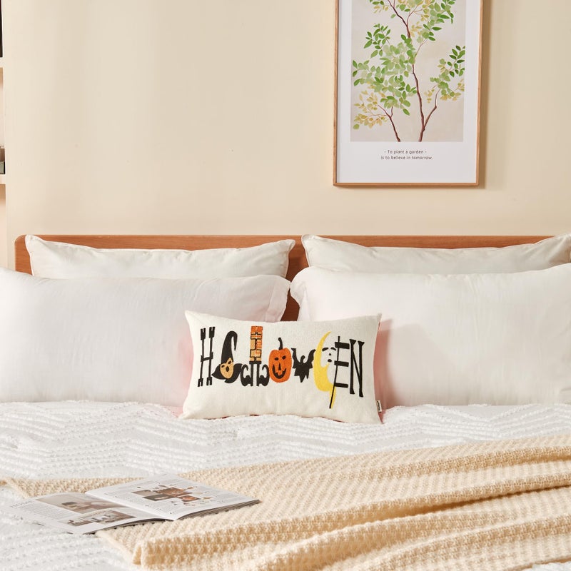 Alysheer Embroidered Lumbar Decorative Fall Throw Pillow Cover 12""x 20""  Farmhouse Cottage Embroidery Chic Pattern  100% Cotton Canvas Cushion Case for Sofa Couch Bedroom Decor - Image 2