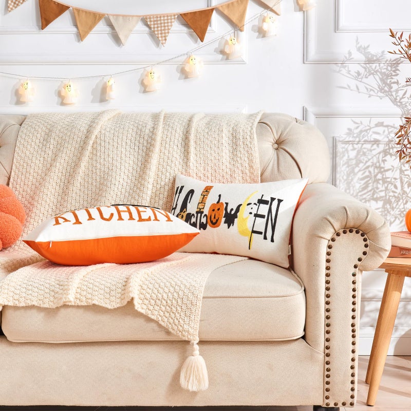 Alysheer Embroidered Lumbar Decorative Fall Throw Pillow Cover 12""x 20""  Farmhouse Cottage Embroidery Chic Pattern  100% Cotton Canvas Cushion Case for Sofa Couch Bedroom Decor - Image 4