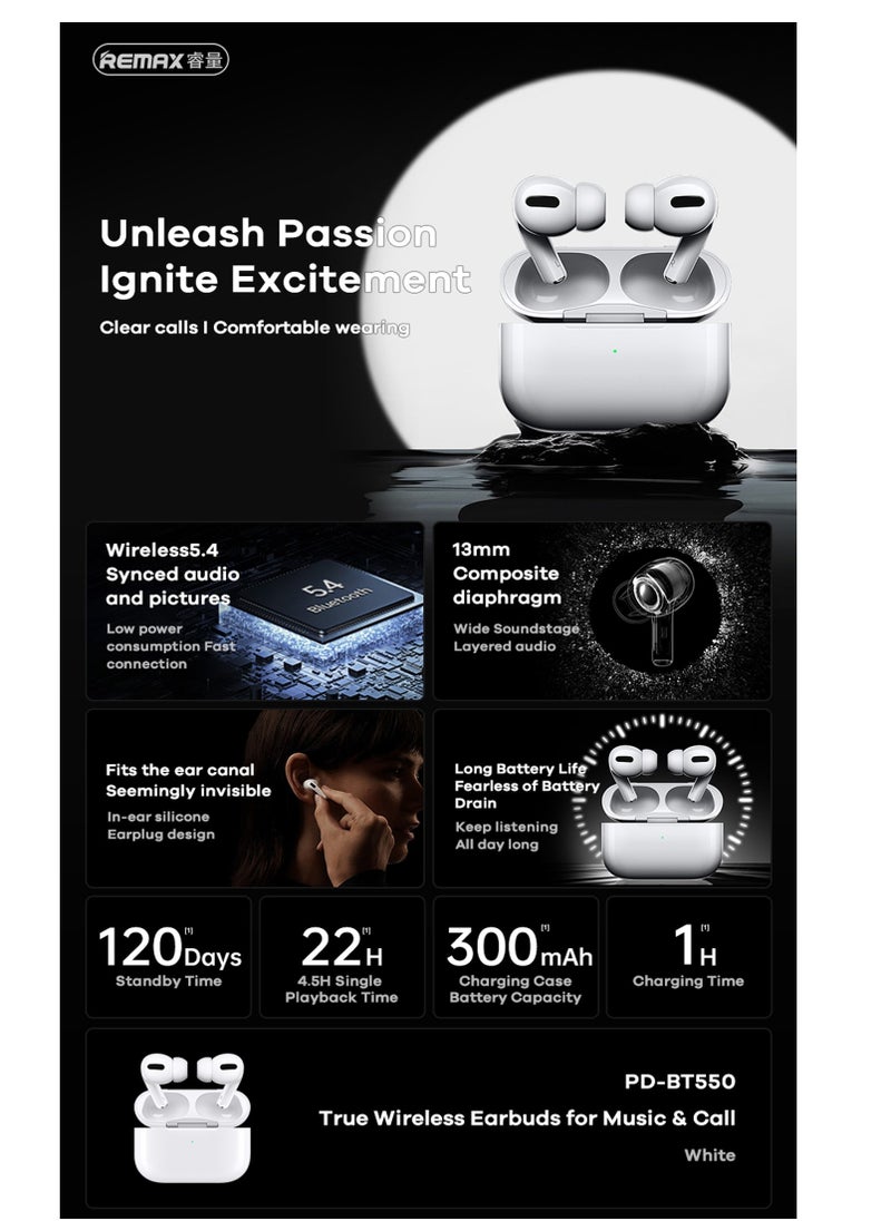 REMAX - PD-BT550 True Wireless Earphones Headphone for Music & Call, Earbuds Noise Cancellation, Calling/music 4 hours, Standby 40 hours, Standard Version, White - Image 1