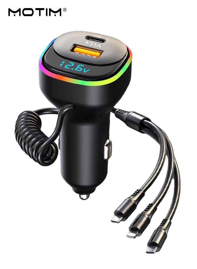 Fast Car Charger with Retractable Charging Cable Fast Car Power Adapter PD36/65W with 3 Ports Charger PD Type C QC Fast Charging Car Charger MP3 Player Support TF Card & USB Disk, FM Transmitter