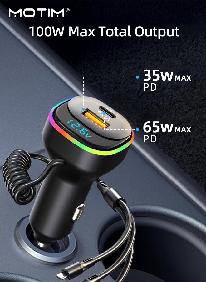 Motim Fast Car Charger with Retractable Charging Cable Fast Car Power Adapter PD36/65W with 3 Ports Charger PD Type C QC Fast Charging Car Charger MP3 Player Support TF Card & USB Disk, FM Transmitter  - Image 2