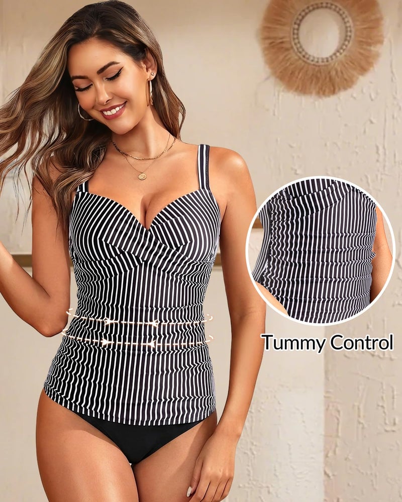 Yonique Women's Underwire Tankini Top Only - Push Up Swimsuit Top with Bra Support Tummy Control Bathing Suit Top No Bottom 2025 Black Striped XXL - Image 5
