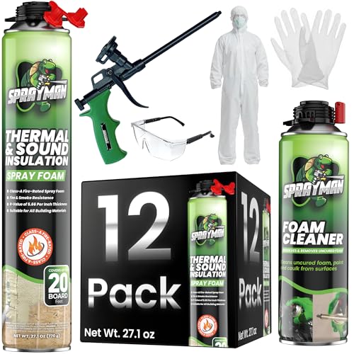 Sprayman Spray Foam Insulation Kit (240 Sq.Ft.) - Closed Cell Polyurethane Expanding Foam Sealant, Thermal & Acoustic Protection for Wall and Attic - Gun & Cleaner Included, 27.1 oz, 12 Pack - Image 1