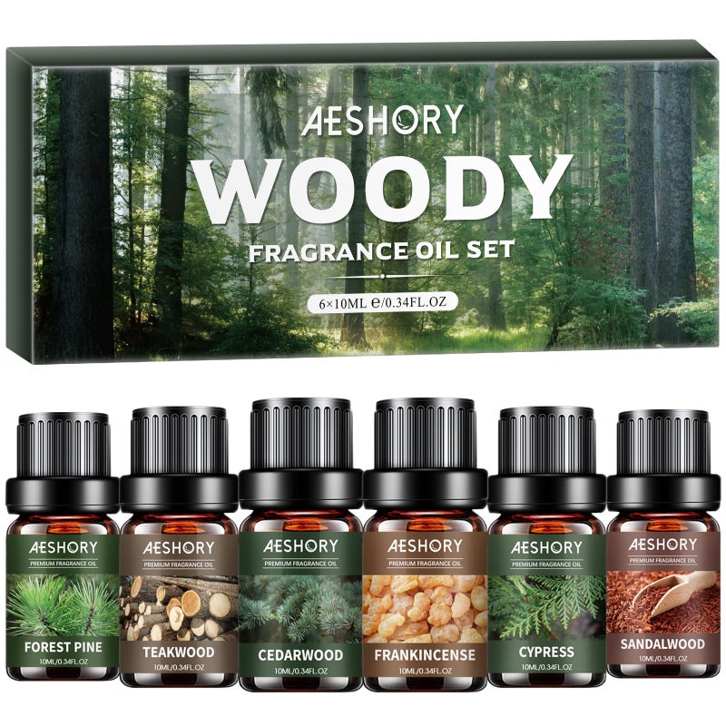 Aeshory Woody Essential Oils Set - 6x10ML Woody Scents Fragrance Oil for Candle Making, Diffuser - Teakwood, Sandalwood, Cedarwood, Cyperss, Forest Pine, Frankincense Aromatherapy Oils - Image 1