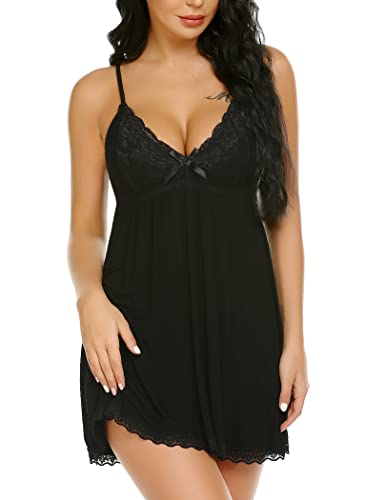 Avidlove Womens Sleepwear Lace Babydoll Sexy Chemise V-Neck Nightgown Modal Nightie(Black,S) - Image 1