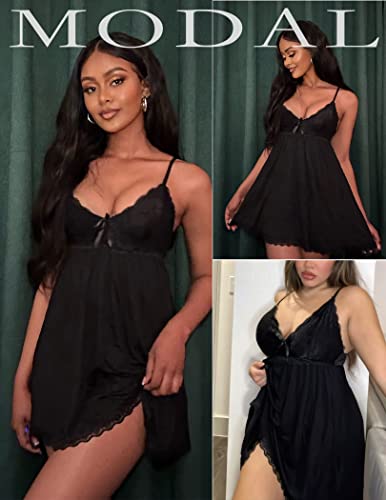 Avidlove Womens Sleepwear Lace Babydoll Sexy Chemise V-Neck Nightgown Modal Nightie(Black,S) - Image 4