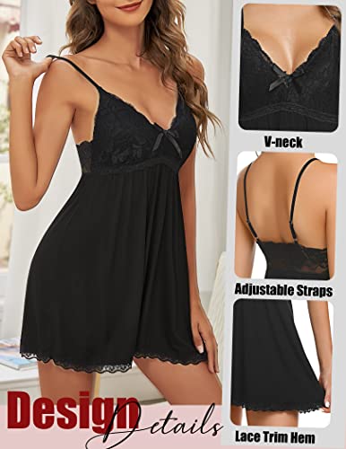 Avidlove Womens Sleepwear Lace Babydoll Sexy Chemise V-Neck Nightgown Modal Nightie(Black,S) - Image 2