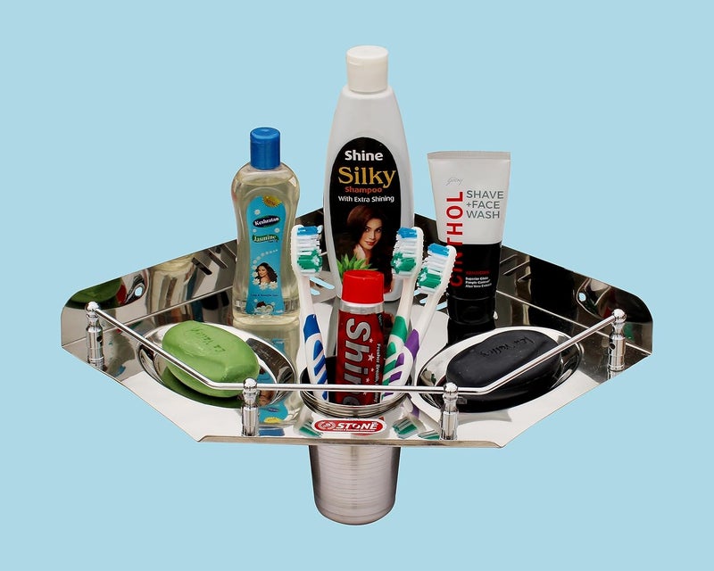 STONE STONE Stainless Steel 4 in1 Multipurpose Bathroom Corner Shelf/Rack/Tumbler Holder/Double Soap Dish/Toothbrush Holder/Bathroom Accessories(10x10 Inch, Pack of 1) - Image 1