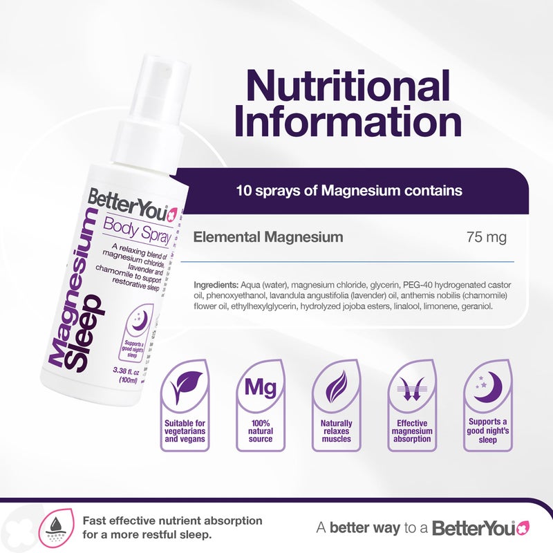 BetterYou Magnesium Muscle Body Spray - Relaxing Topical Magnesium and Essential Oil Spray - Lavender and Chamomile - Promotes Better Sleep - 3.38 oz - Image 3