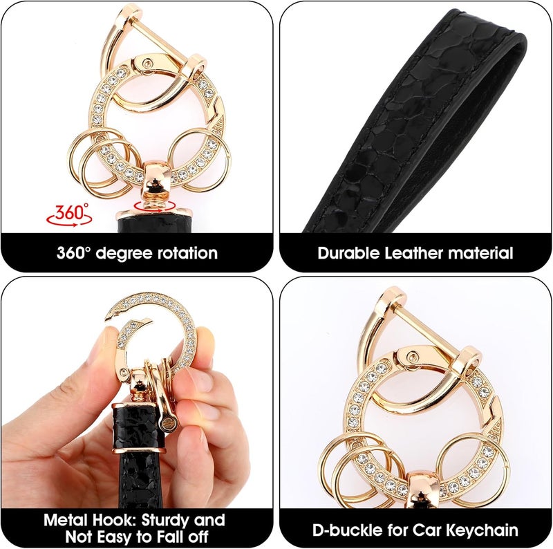 Amabro Leather Car Keychain with Diamond Anti-Lost Design and 360 Degree Rotatable Key Fob - Image 2