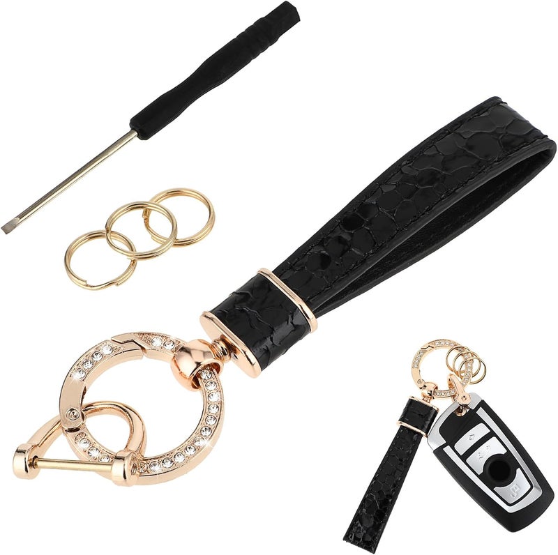 Amabro Leather Car Keychain with Diamond Anti-Lost Design and 360 Degree Rotatable Key Fob - Image 1