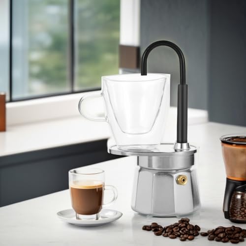 MVPLUE-Mini Express Swiss Single Tube Moka Pot Aluminum Silver，Moka Set includes One Double Wall 3oz Cup,Enjoy delicious coffee in no time - Image 5