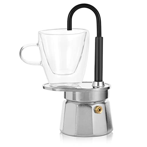 MVPLUE-Mini Express Swiss Single Tube Moka Pot Aluminum Silver，Moka Set includes One Double Wall 3oz Cup,Enjoy delicious coffee in no time - Image 1
