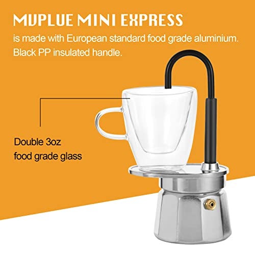 MVPLUE-Mini Express Swiss Single Tube Moka Pot Aluminum Silver，Moka Set includes One Double Wall 3oz Cup,Enjoy delicious coffee in no time - Image 4