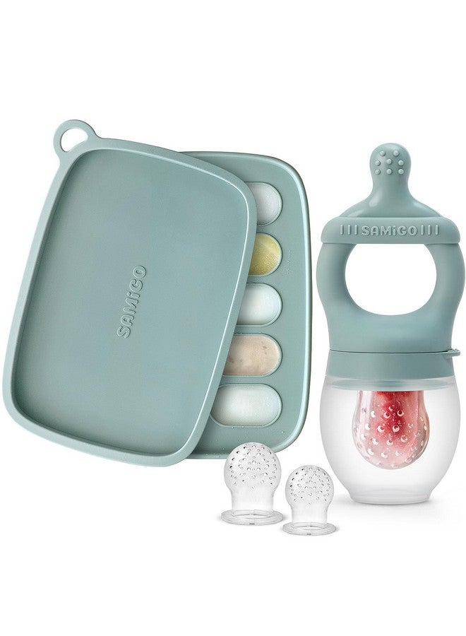 SAMiGO Baby Food Fruit Feeder and Breastmilk Popsicle Mold Set, Silicone Fruit Teether, Food Feeder Pacifier for Teething Relief, Freezer Tray, Baby Feeding Essentials, 4 Months+ - Image 1