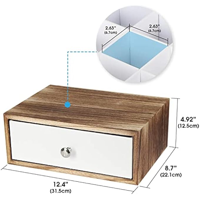 J JACKCUBE DESIGN Rustic Wood Tea Storage Box Tea Bag Organiser Stand Holder Drawer  12 Adjustable Compartments And White Faux Leather DrawerAcrylic Divider  Mk447C - Image 4