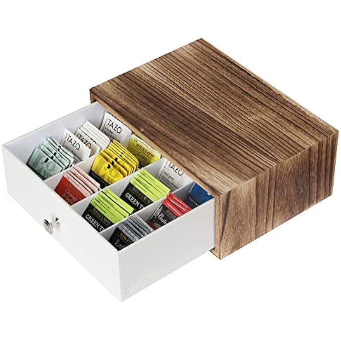 J JACKCUBE DESIGN Rustic Wood Tea Storage Box Tea Bag Organiser Stand Holder Drawer  12 Adjustable Compartments And White Faux Leather DrawerAcrylic Divider  Mk447C - Image 2