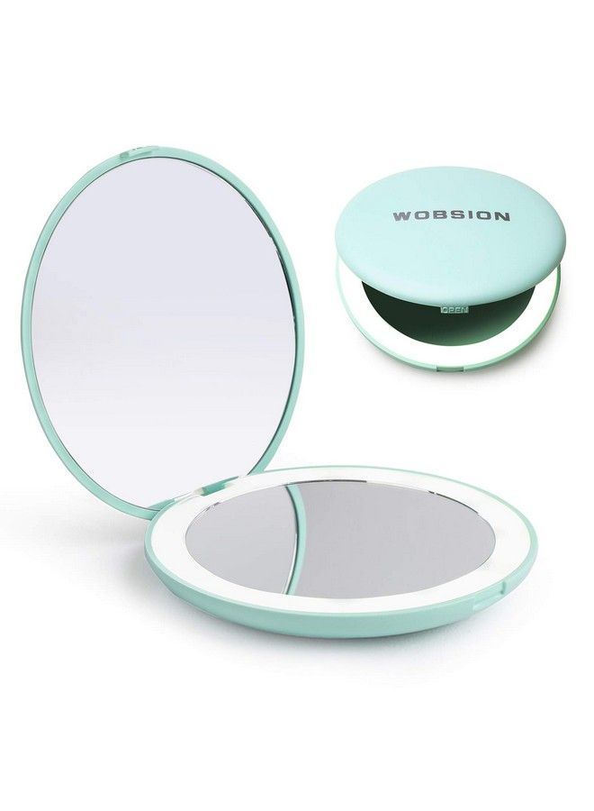 wobsion Led Lighted Travel Makeup Mirror 1X/10X Magnification Compact Mirror Portable For Handbag Purse Pocket 3.5 Inch Illuminated Folding Mirror Handheld 2Sided Mirror Round Cyan  - Image 1
