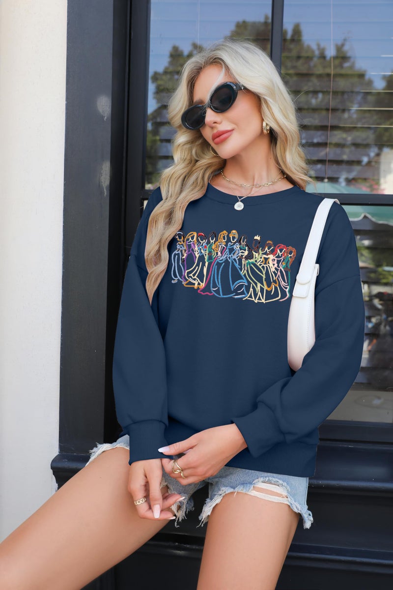 BANGELY Magical Sweatshirt Women Cute Embroidered Magic Princess Sweater Family Vacation Shirt Casual Long Sleeve Top C-blue - Image 4