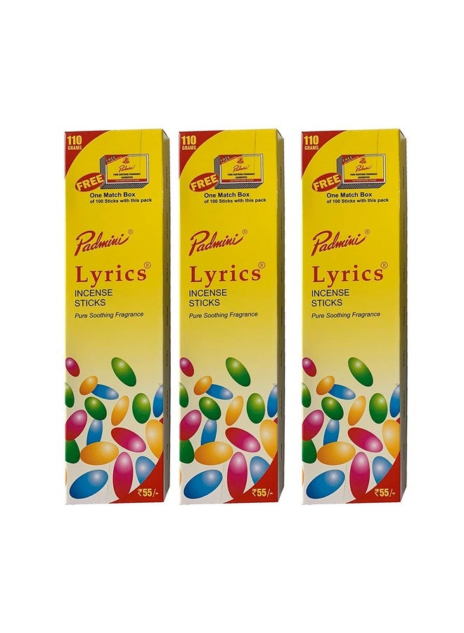 Padmini Lyrics Incense Sticks (3 Packs of 110gm / 100 Sticks = Total 330gm / 300 Sticks) - Image 1